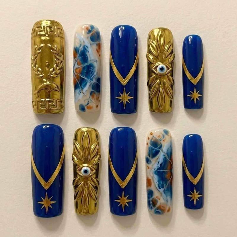 Handmade Royal Blue & Gold Press On Nails | Greek Goddess Evil Eye, Marble, Star Design Long Square Luxury Mediterranean Style von Etsy - HandmadeByDanaLukes