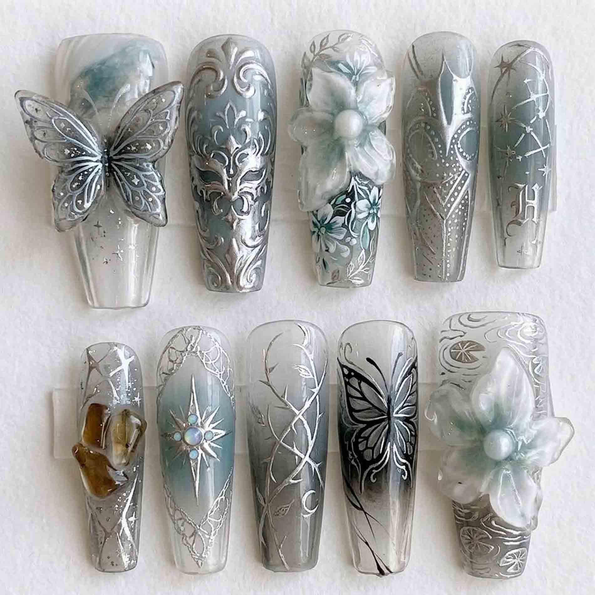 Handmade Silver Elven Press On Nails | 3D Butterflies, Crystal Flowers, Vines & Amber Gems Long Coffin For Ethereal Fairy Vibe Handmade Silver Elven Press On Nails | 3D Butterflies, Crystal Flowers, Vines & Amber Gems Long Coffin For Ethereal Fairy Vibe von Etsy - HandmadeByDanaLukes
