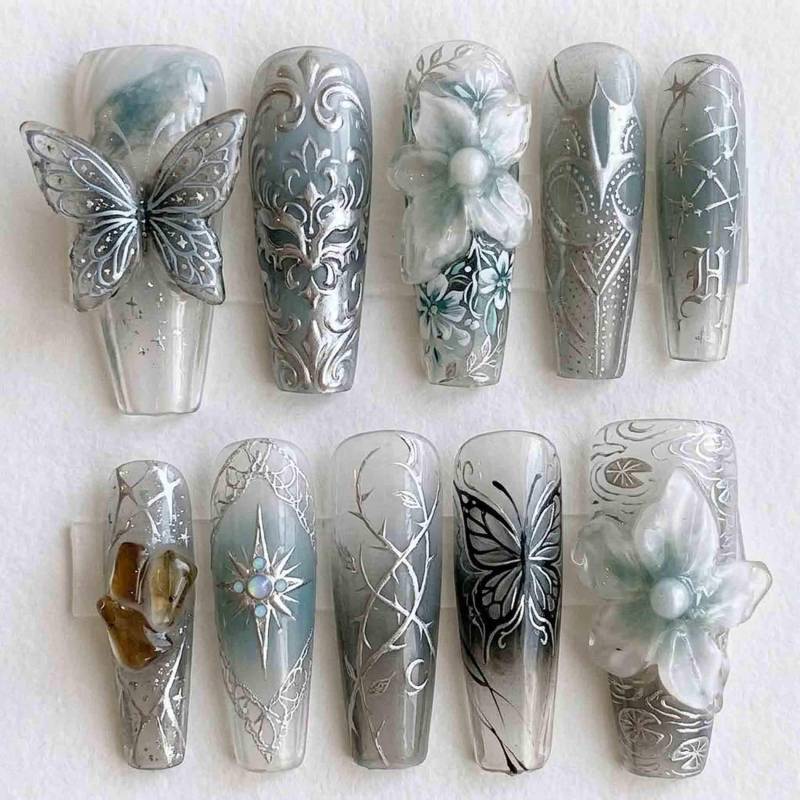 Handmade Silver Elven Press On Nails | 3D Butterflies, Crystal Flowers, Vines & Amber Gems Long Coffin For Ethereal Fairy Vibe Handmade Silver Elven Press On Nails | 3D Butterflies, Crystal Flowers, Vines & Amber Gems Long Coffin For Ethereal Fairy Vibe von Etsy - HandmadeByDanaLukes