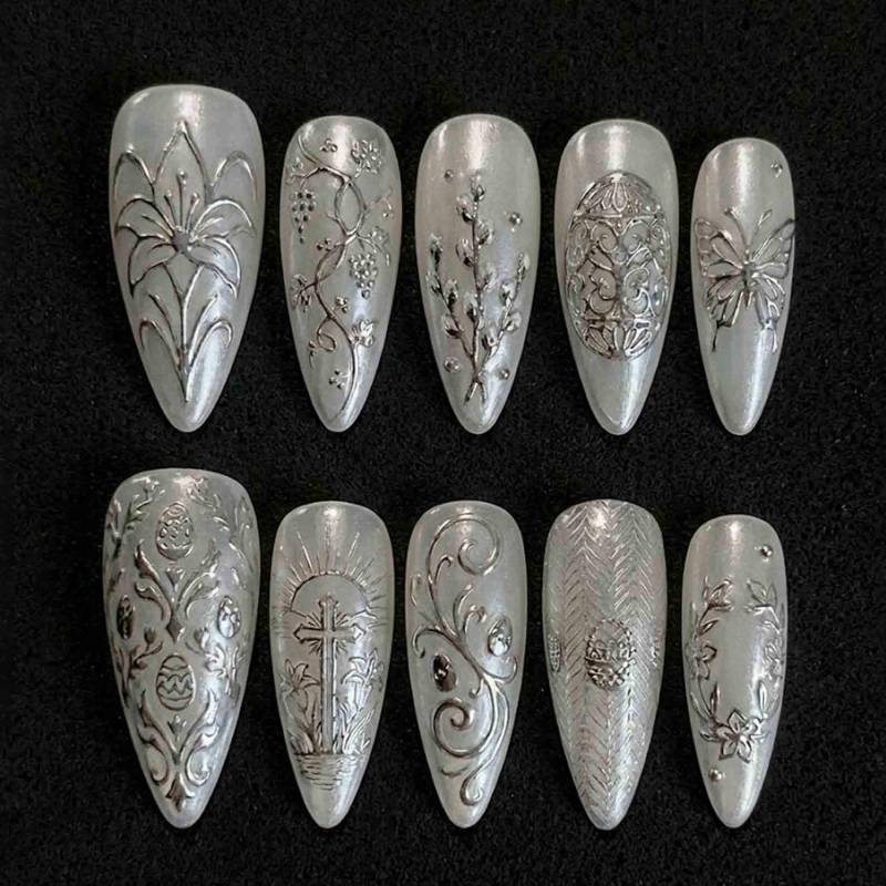 Handmade Silver Embossed Press On Nails | 3D Floral, Cross & Vintage Relief Art Design Stiletto Elegant Statement von Etsy - HandmadeByDanaLukes