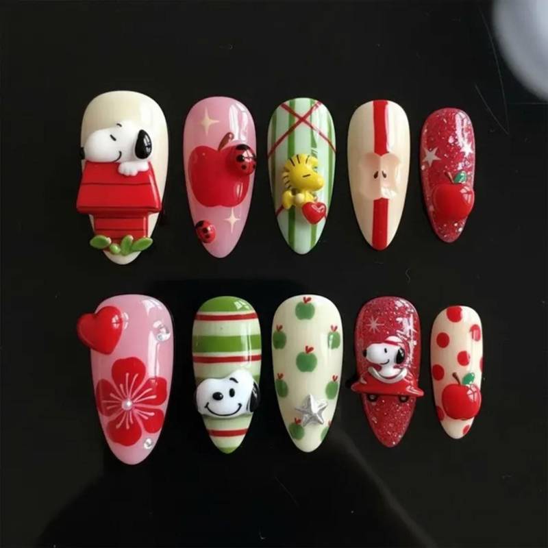 Handmade Snoopy Press On Nails | Cute Apple & Ladybug Design Red Green Cartoon Kawaii Nail Art Set von Etsy - HandmadeByDanaLukes