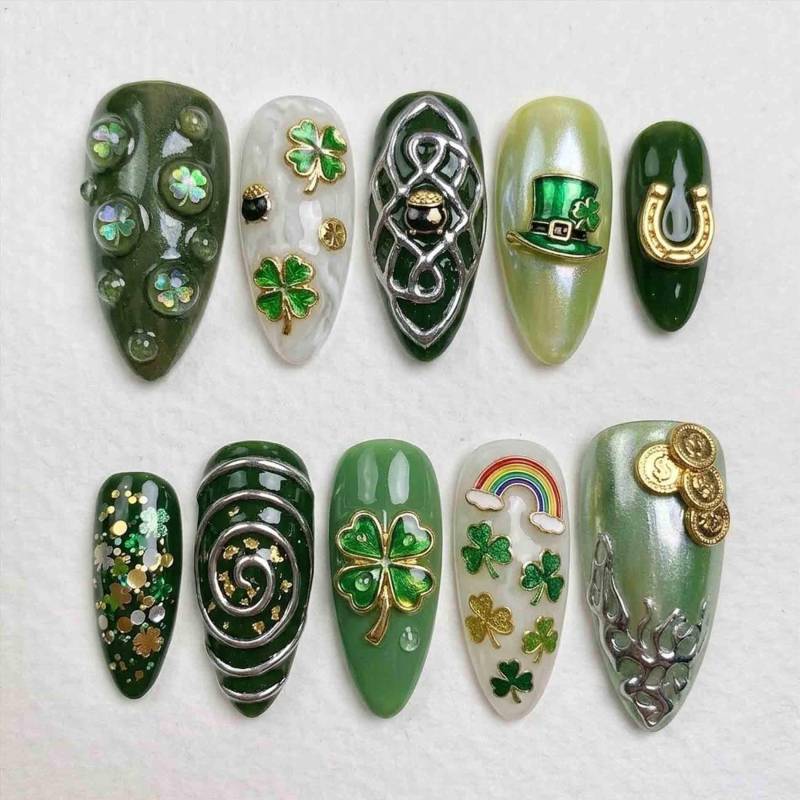 Handmade St. Patrick's Day Green Press On Nails | 3D Clover, Lucky Charm, Gold Coin & Rainbow Design Almond Festive Statement von Etsy - HandmadeByDanaLukes