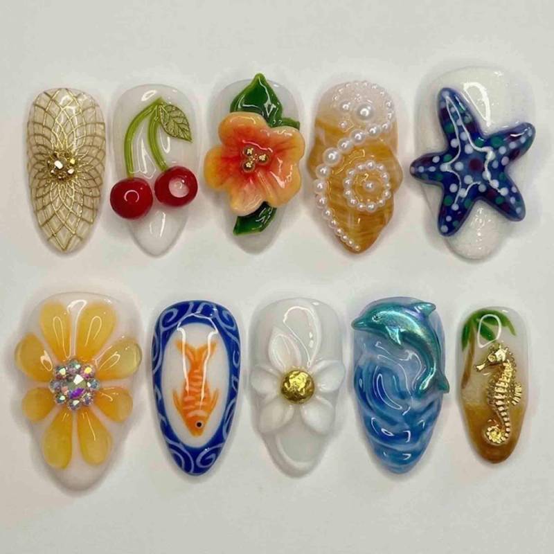 Handmade Summer Beach Press On Nails | 3D Cherry, Hibiscus, Pearl Shell & Starfish Design Almond For Vacation Aesthetic von Etsy - HandmadeByDanaLukes