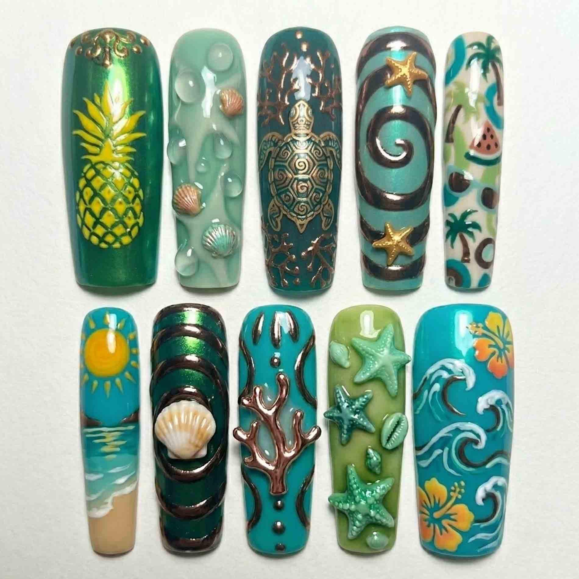 Handmade Summer Beach Press On Nails | 3D Sculpted Turtle, Pineapple, Shell & Wave Design Long Square For Vacation Aesthetic von Etsy - HandmadeByDanaLukes