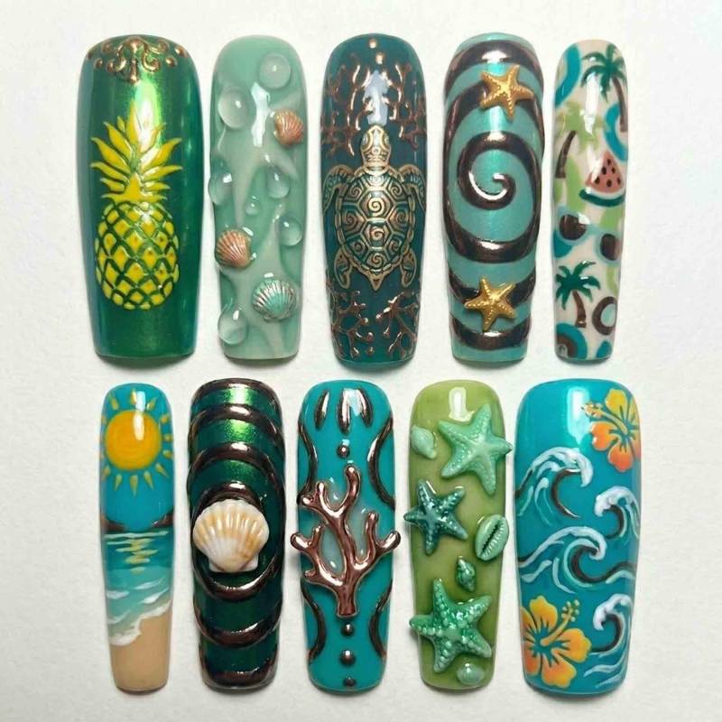 Handmade Summer Beach Press On Nails | 3D Sculpted Turtle, Pineapple, Shell & Wave Design Long Square For Vacation Aesthetic von Etsy - HandmadeByDanaLukes