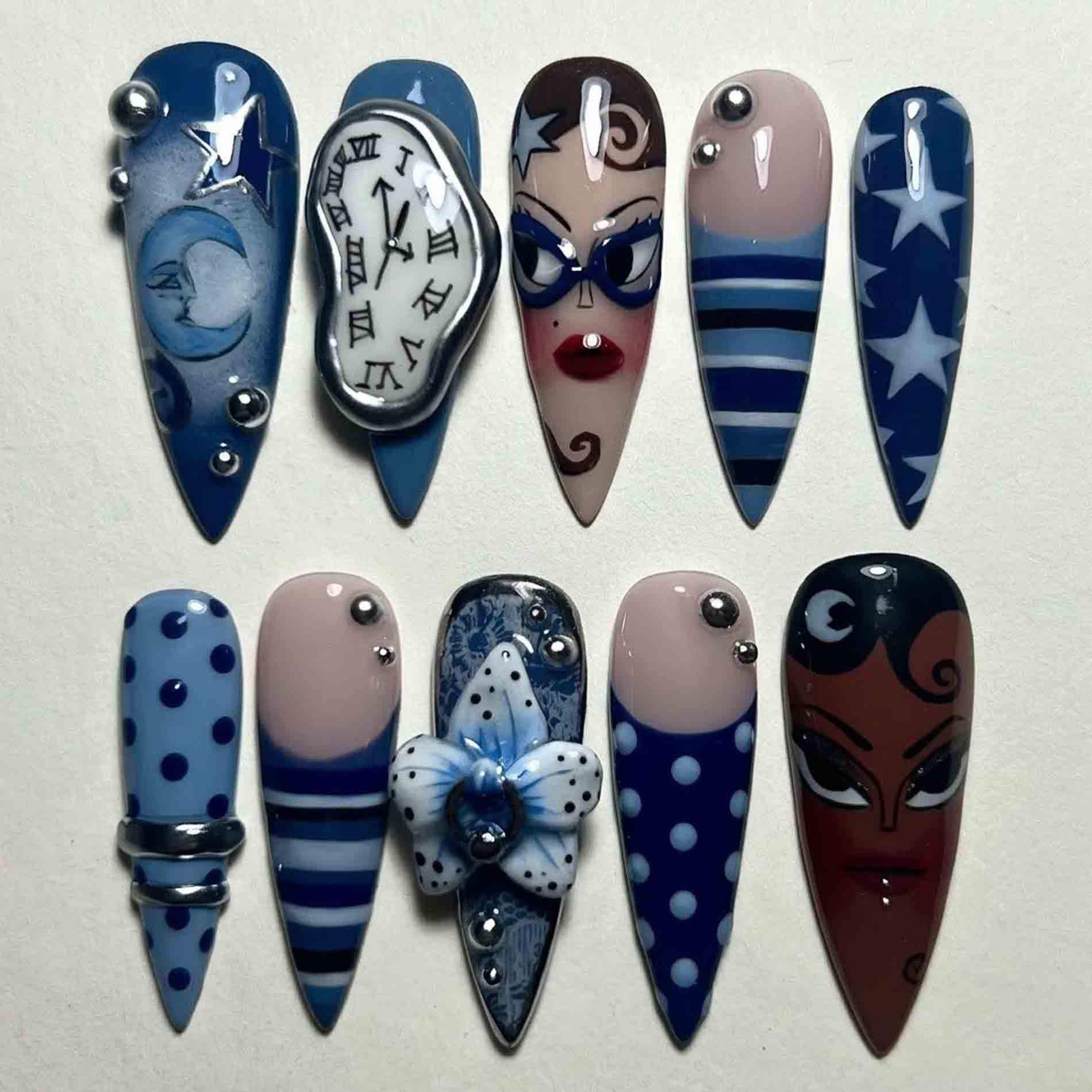 Handmade Surrealism Press On Nails | Melting Clock, Face, Star & Orchid Design Long Stiletto For Artistic Vintage Aesthetic von Etsy - HandmadeByDanaLukes