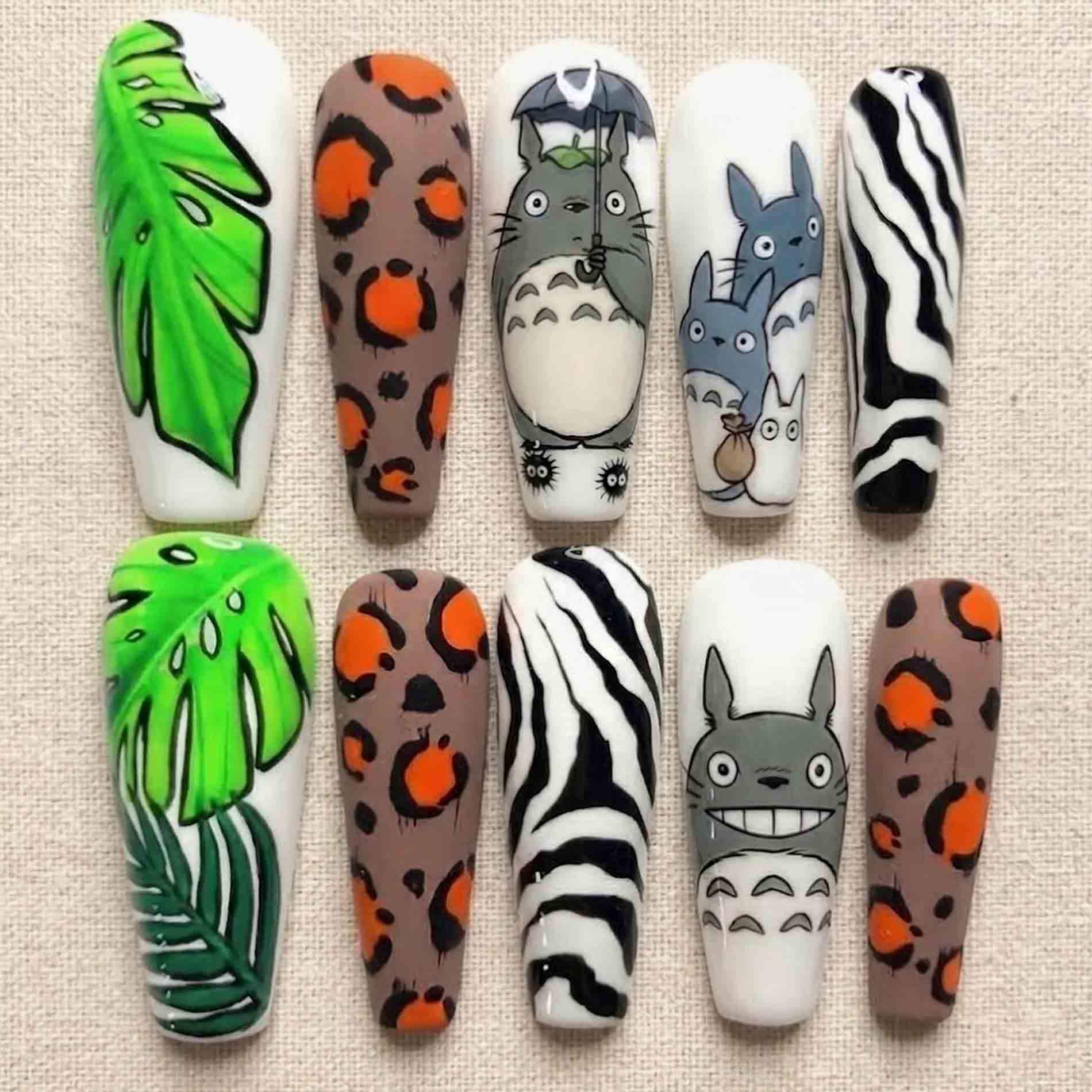 Handmade Totoro Forest Press On Nails | 3D Spirits, Tropical Leaves, Animal Prints Long Coffin For Whimsical Ghibli Aesthetic von Etsy - HandmadeByDanaLukes