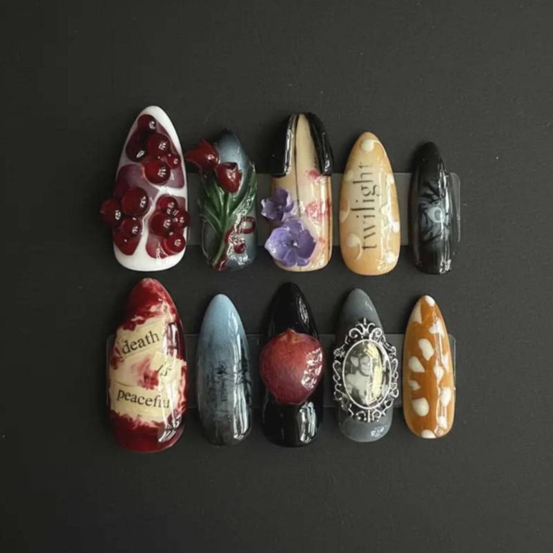 Handmade Twilight Inspired Press On Nails | Dark Romance Cherries & Gothic Art Vintage Book Aesthetic 3D Set von Etsy - HandmadeByDanaLukes