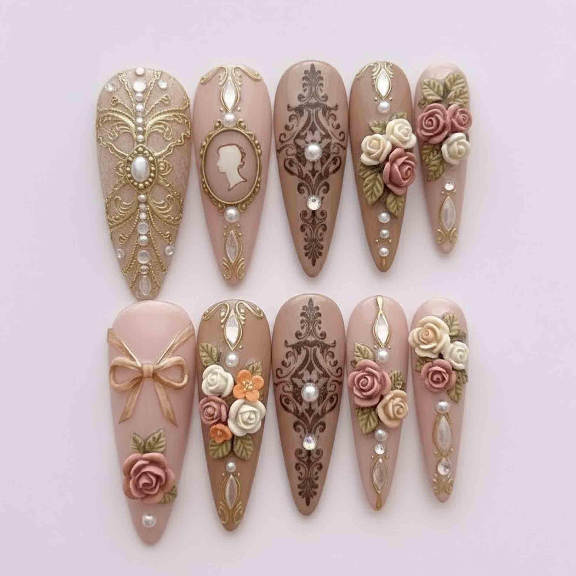 Handmade Vintage Baroque Press On Nails | 3D Rose, Cameo & Gold Filigree Art Stiletto Elegant Bridal Statement von Etsy - HandmadeByDanaLukes