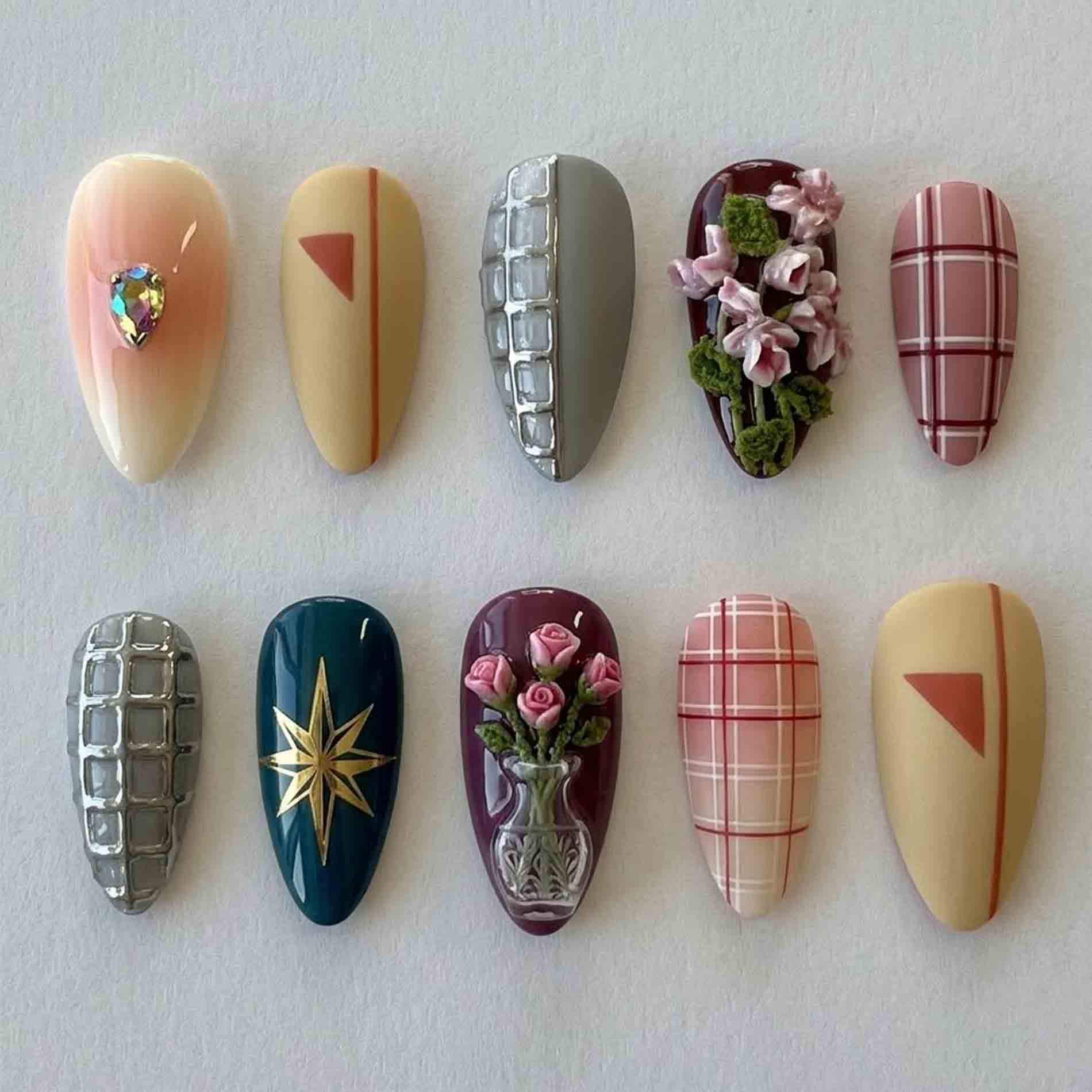 Handmade Vintage Chic Press On Nails | Custom Plaid, Rose, Vase, Star & Geometric Design Almond For Elegant Autumn Aesthetic von Etsy - HandmadeByDanaLukes