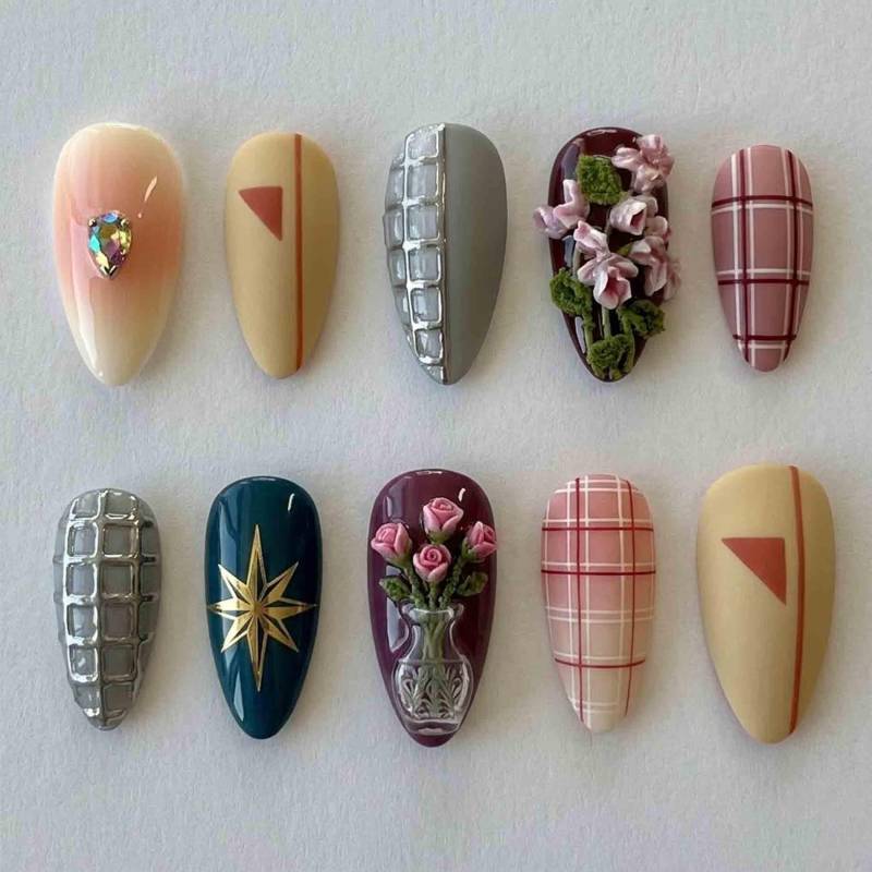 Handmade Vintage Chic Press On Nails | Custom Plaid, Rose, Vase, Star & Geometric Design Almond For Elegant Autumn Aesthetic von Etsy - HandmadeByDanaLukes