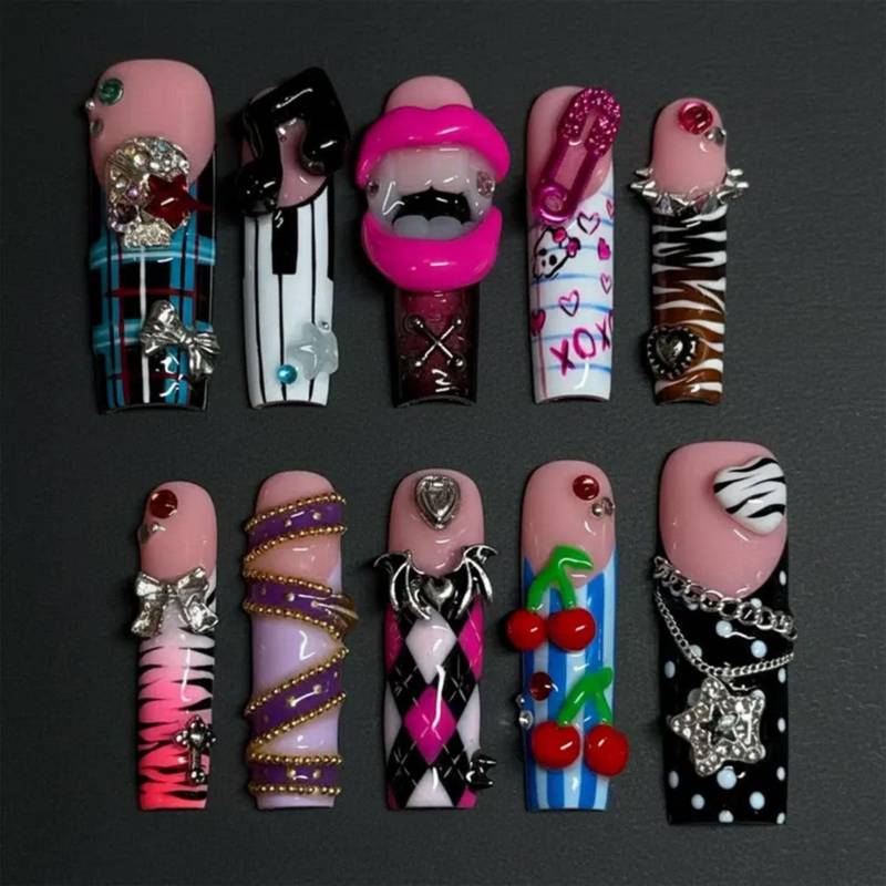 Handmade Y2K Punk Press On Nails | Emo Lips & Chains Zebra, Plaid 3D Charms Alt Aesthetic Set von Etsy - HandmadeByDanaLukes