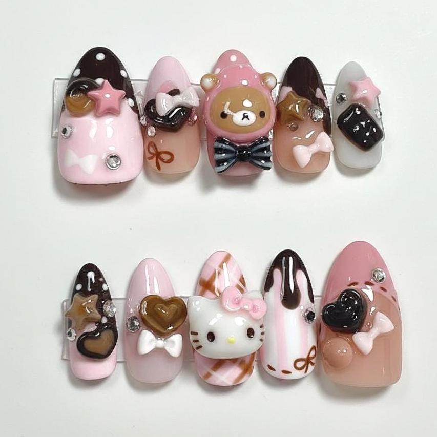 Kawaii Chocolate Press On Nails, Cute Bear & Kitty 3D Sweet Pink Candy Handmade Decoden Nail Set, Custom Fake Nails von Etsy - HandmadeByDanaLukes