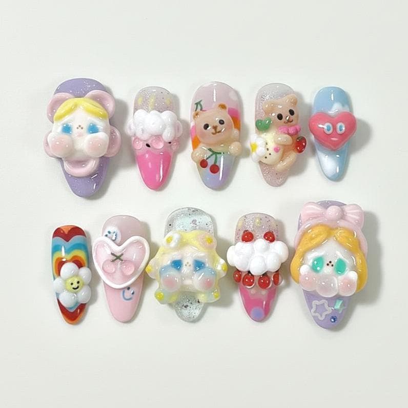 Kawaii Whimsical Press On Nails | Cute 3D Bear, Cloud & Rainbow Art Pastel Glitter Gel Custom Dreamy Aesthetic Gift von Etsy - HandmadeByDanaLukes