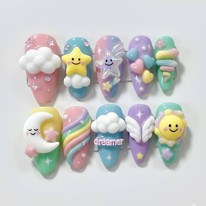 Pastel Dreamy Press On Nails | Cute Cloud, Star, Rainbow & Moon 3D Nail Art Kawaii Aesthetic Gel Handmade Whimsigoth Gift von Etsy - HandmadeByDanaLukes