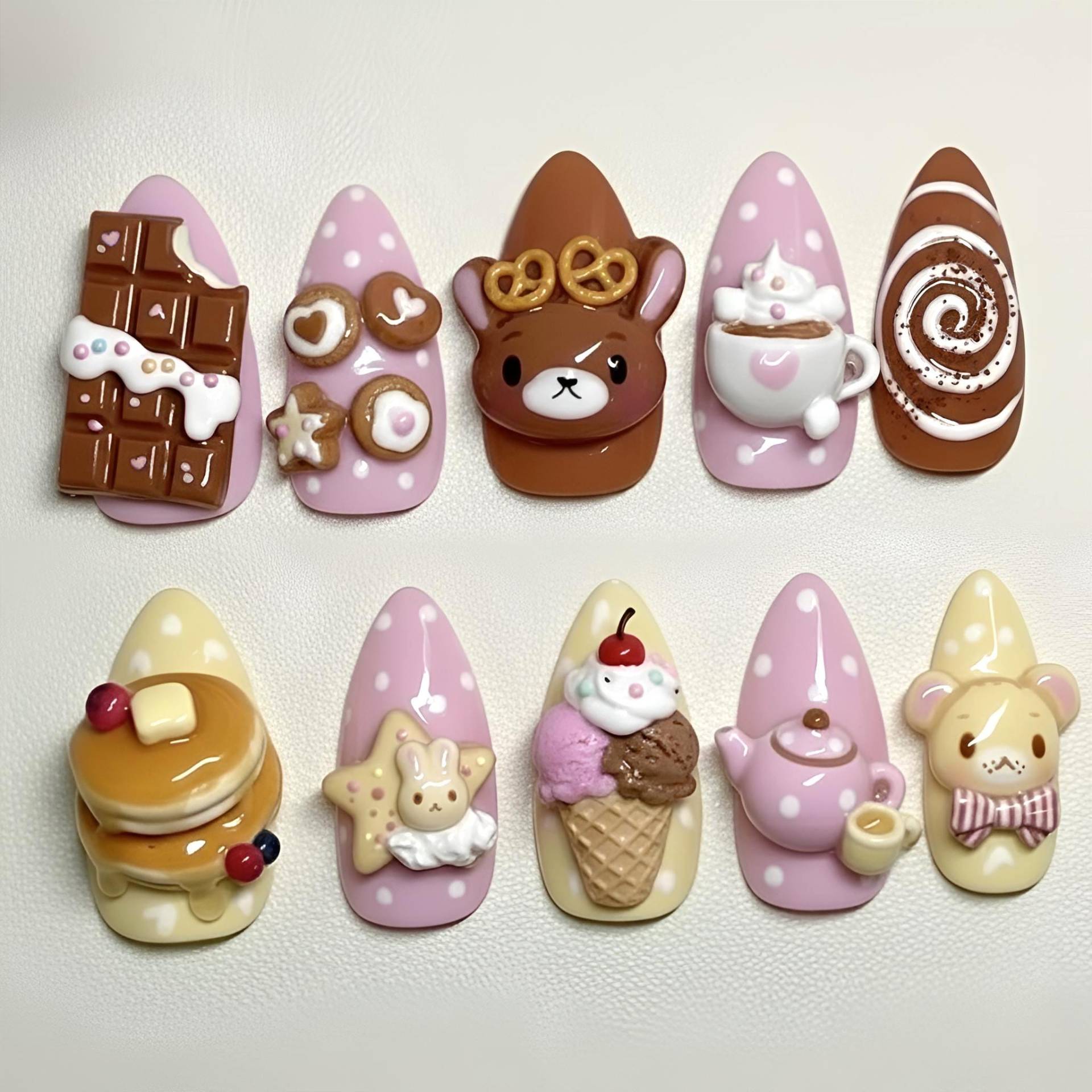 Pink & Brown Dessert 3D Nails, Cute Anime Style Bear & Bunny Press Ons, Pancake Ice Cream Tea Pot Nail Art, Custom Stiletto Fake Nails von Etsy - HandmadeByDanaLukes