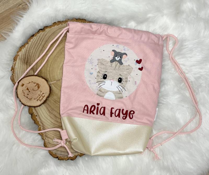 Turnbeutel Katze & Maus | Mit Namen Geburt Taufe Beutel Personalisiert Mädchen Junge Geschenk Schule von Etsy - HandmadebyTaschaaa