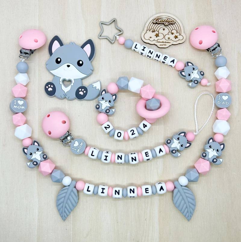 Babygeschenk Schnullerkette Mit Name , Kinderwagenkette, Schlüsselanhänger Und Greifling Aus Silikon Perlen Fuchs + Ring Adaptor Gratis von Etsy - Handmadekatlyn