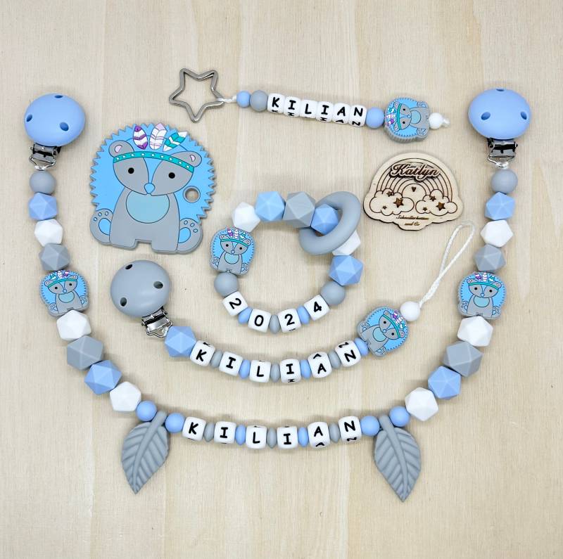Babygeschenk Schnullerkette Mit Name , Kinderwagenkette, Schlüsselanhänger Und Greifling Aus Silikon Perlen Igel + Ring Adaptor Gratis von Etsy - Handmadekatlyn