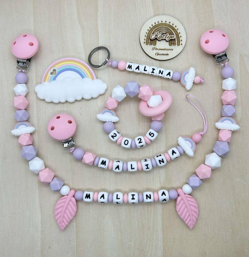 Babygeschenk Schnullerkette Mit Name , Kinderwagenkette, Schlüsselanhänger Und Greifling Aus Silikon Perlen Regebogen + Ring Adaptor Gratis von Etsy - Handmadekatlyn