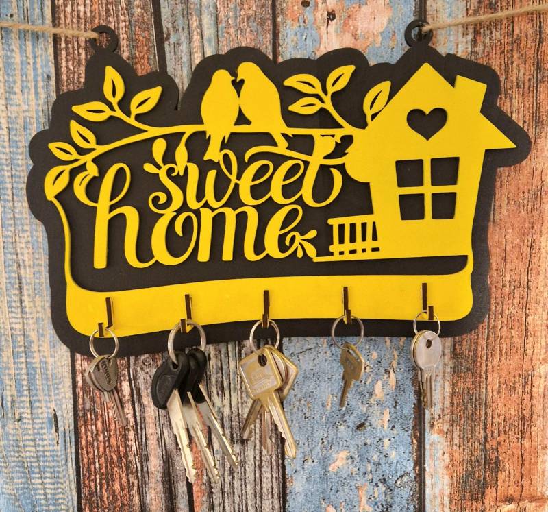 Schlüsselbrett Sweet Home Mit 5 Haken - Schlüsselhalter Wand Flur Deko Geschenk Einzug Haus Wanddeko von Etsy - HarmonyHandmadeWaren