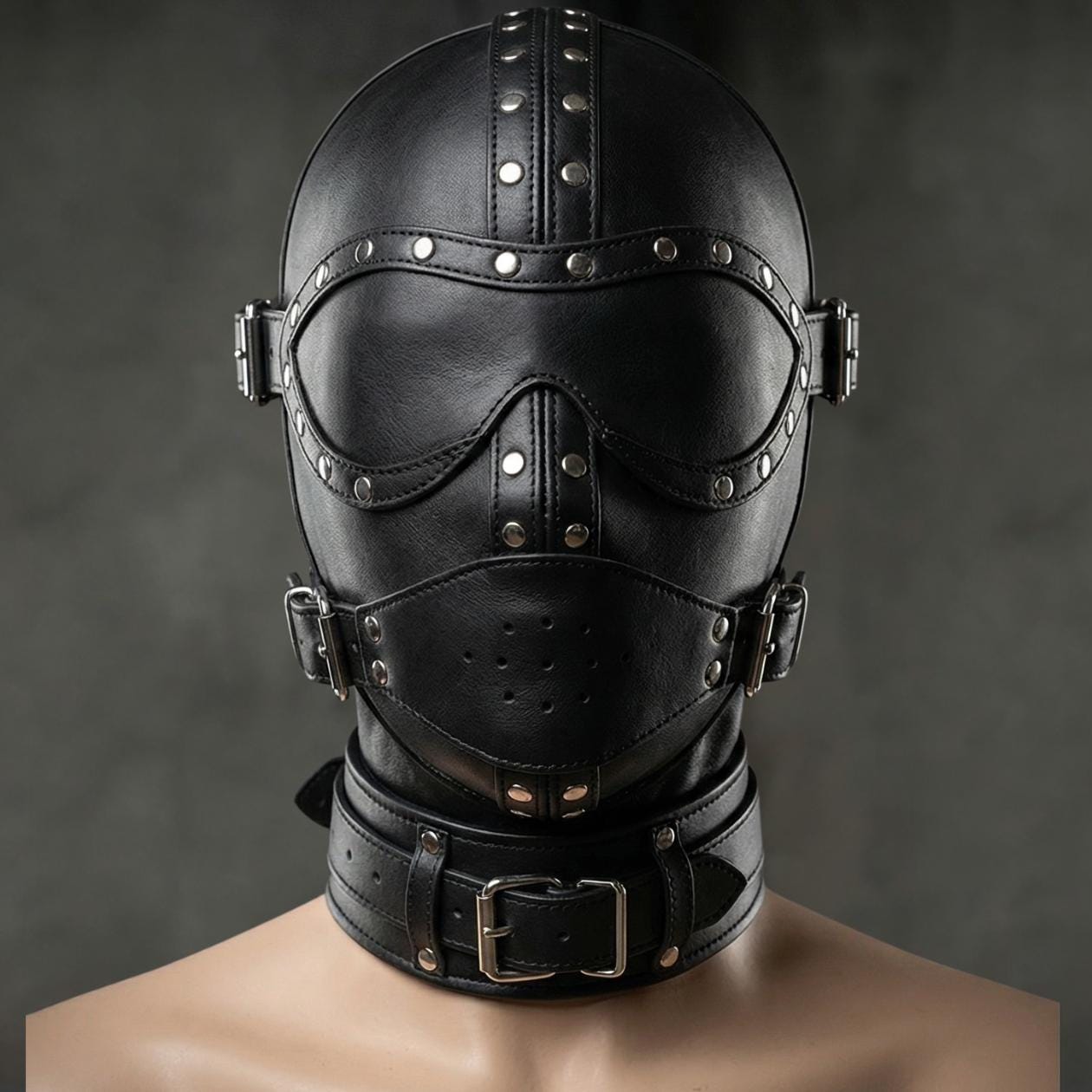 Black Leather Full Head Hood - Handmade Costume Mask Rivets Buckles Lace-Up von Etsy - ImperialSkin