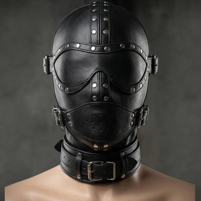Black Leather Full Head Hood - Handmade Costume Mask Rivets Buckles Lace-Up von Etsy - ImperialSkin