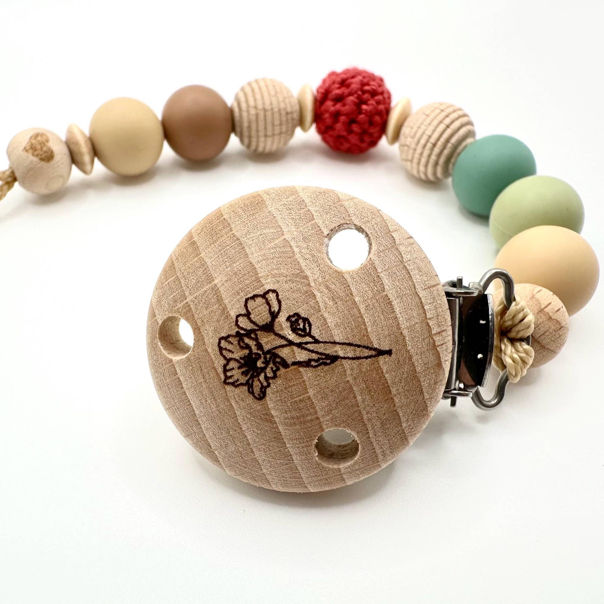 Personalisierte Schnullerkette Mit Geburtsblume | Geschenk Zur Geburt Handgemacht in Beige & Rot Babygeschenk Name von Etsy - IndiviDuoDesign