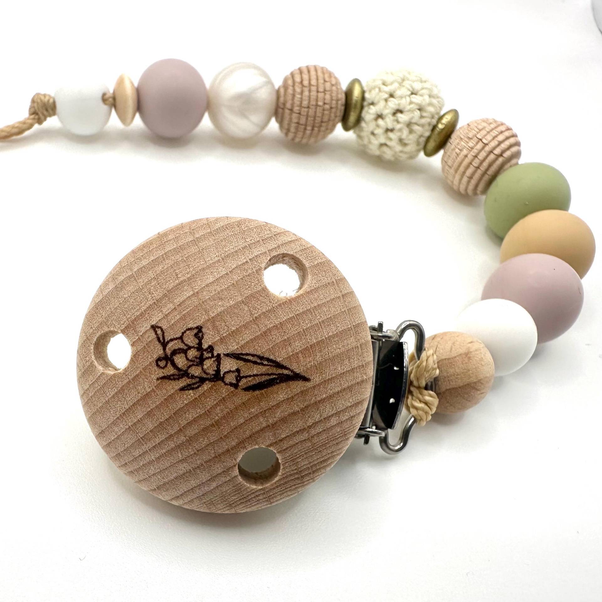 Personalisierte Schnullerkette Mit Geburtsblume | Geschenk Zur Geburt Namen Handgemacht in Beige & Pastellfarben von Etsy - IndiviDuoDesign