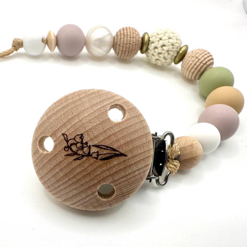 Personalisierte Schnullerkette Mit Geburtsblume | Geschenk Zur Geburt Namen Handgemacht in Beige & Pastellfarben von Etsy - IndiviDuoDesign