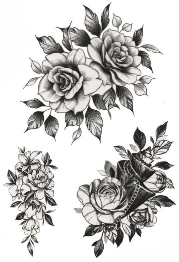 Bitte Vervollständigen Sie Diese Übersetzung. Ein Trio Von Femininen Temporären Transfer-Tattoos Mit Rosenstrauß A5 Bitte Vervollständigen Sie Diese Übersetzung. Ein Trio Von Femininen Temporären Transfer-Tattoos Mit Rosenstrauß A5 von Etsy - Inkweartattoos