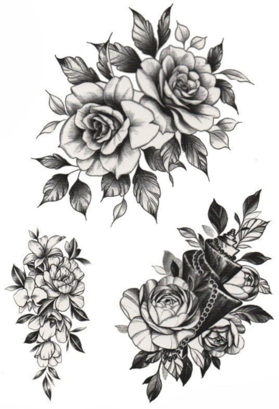 Bitte Vervollständigen Sie Diese Übersetzung. Ein Trio Von Femininen Temporären Transfer-Tattoos Mit Rosenstrauß A5 von Etsy - Inkweartattoos
