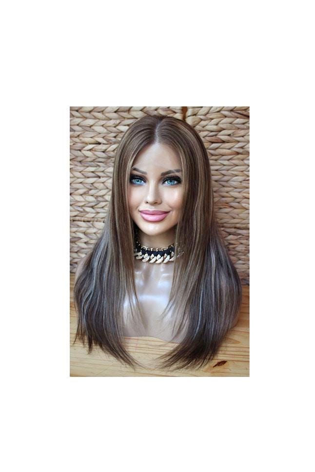 Perücke Lace Front Wig Menschliches Remy Echthaar Highlights Glatt Piano Lang Blond Braun Mittelbraun Dunkelbraun Strähnchen 13x4 Natürlich von Etsy - JLWLaceWigPeruecken