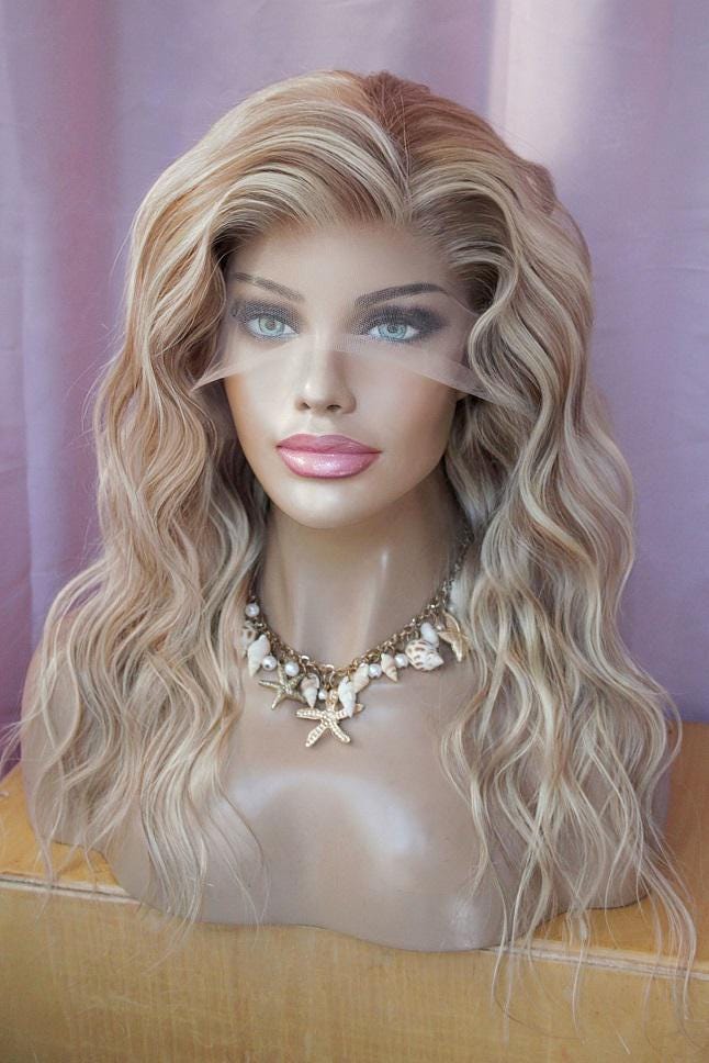 Perücke Remy Echthaar 100% Lace Wig Gewellt Wellig Lang Langhaar Blond Hellblond Mittelblond Dunkelblond 13x4 Highlights Strähnchen Piano von Etsy - JLWLaceWigPeruecken