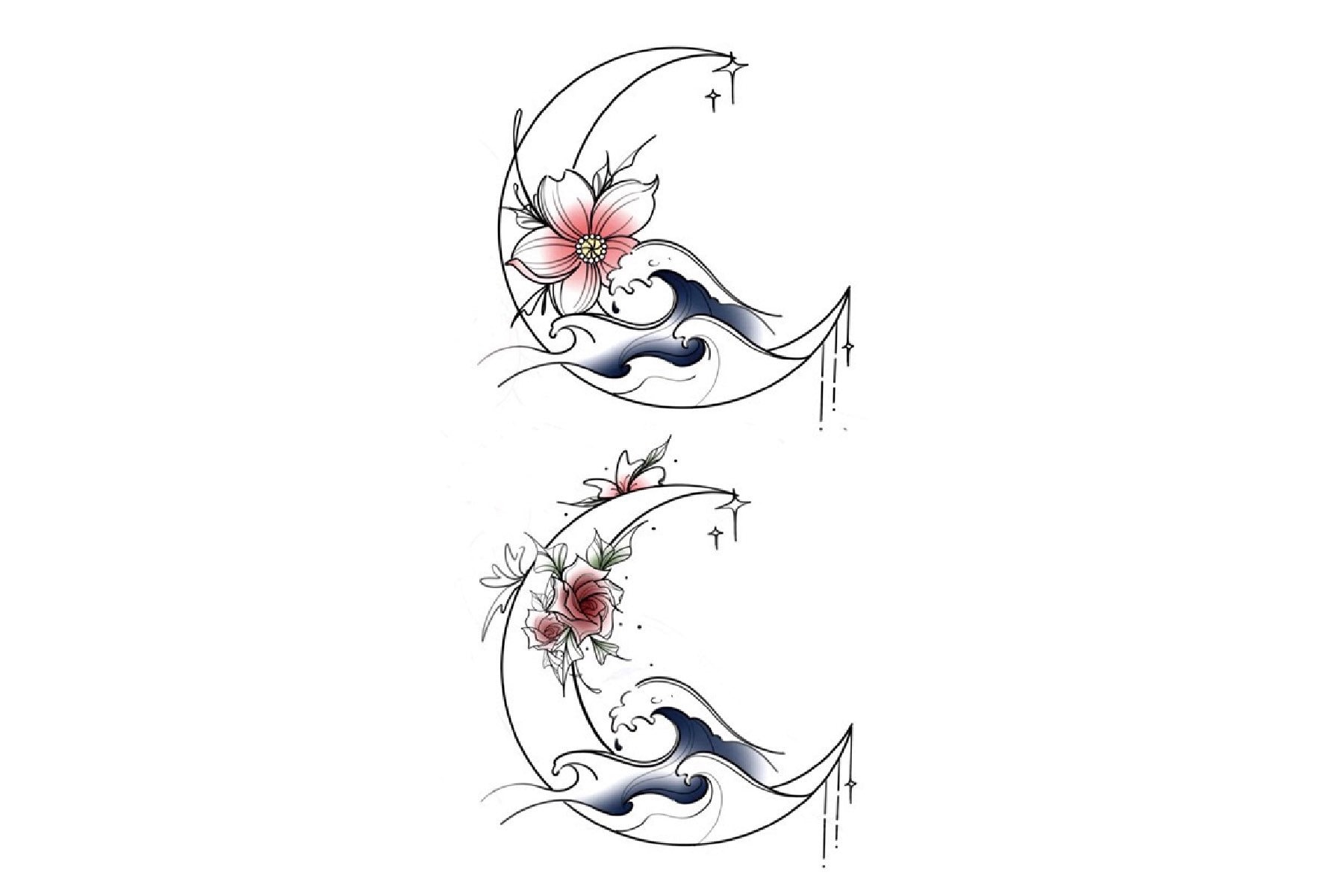 Welle Mond Temporäre Tattoo, Ozean Wellen Blumen Festival Tattoos, Tattoo Welle Mond Temporäre Tattoo, Ozean Wellen Blumen Festival Tattoos, Tattoo von Etsy - JUZIgift