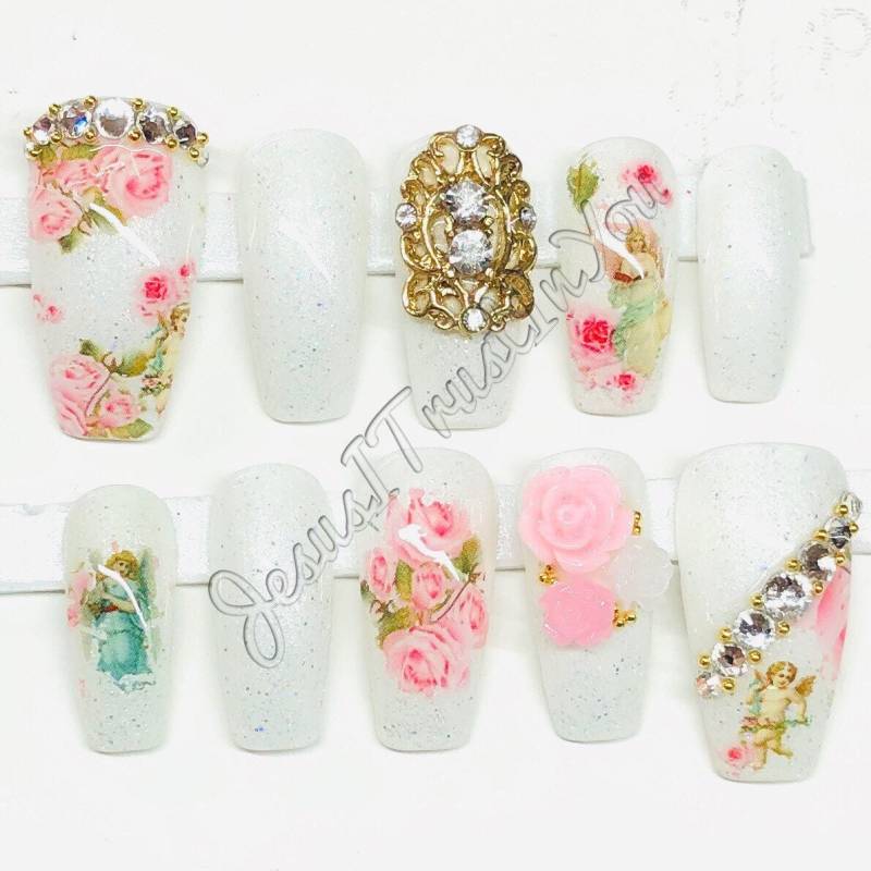 Angels - Regular Ballerina Gel Press On Nails| Wiederverwendbare Nägel | Lange Geschenke Für Sie| Strasssteine Makartt Dnd Kleber Auf von Etsy - JesusItrustInYouCo