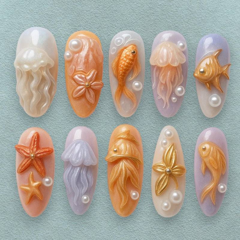 3D Sea Life Fake Nägel, Qualle, Fisch, Seestern, Ozean Inspiriert Nail Art, Handgemachte Gel Spitzen, Meerjungfrau Fisch Nagel Set, Geschenk Für Sie von Etsy - JochenSylas