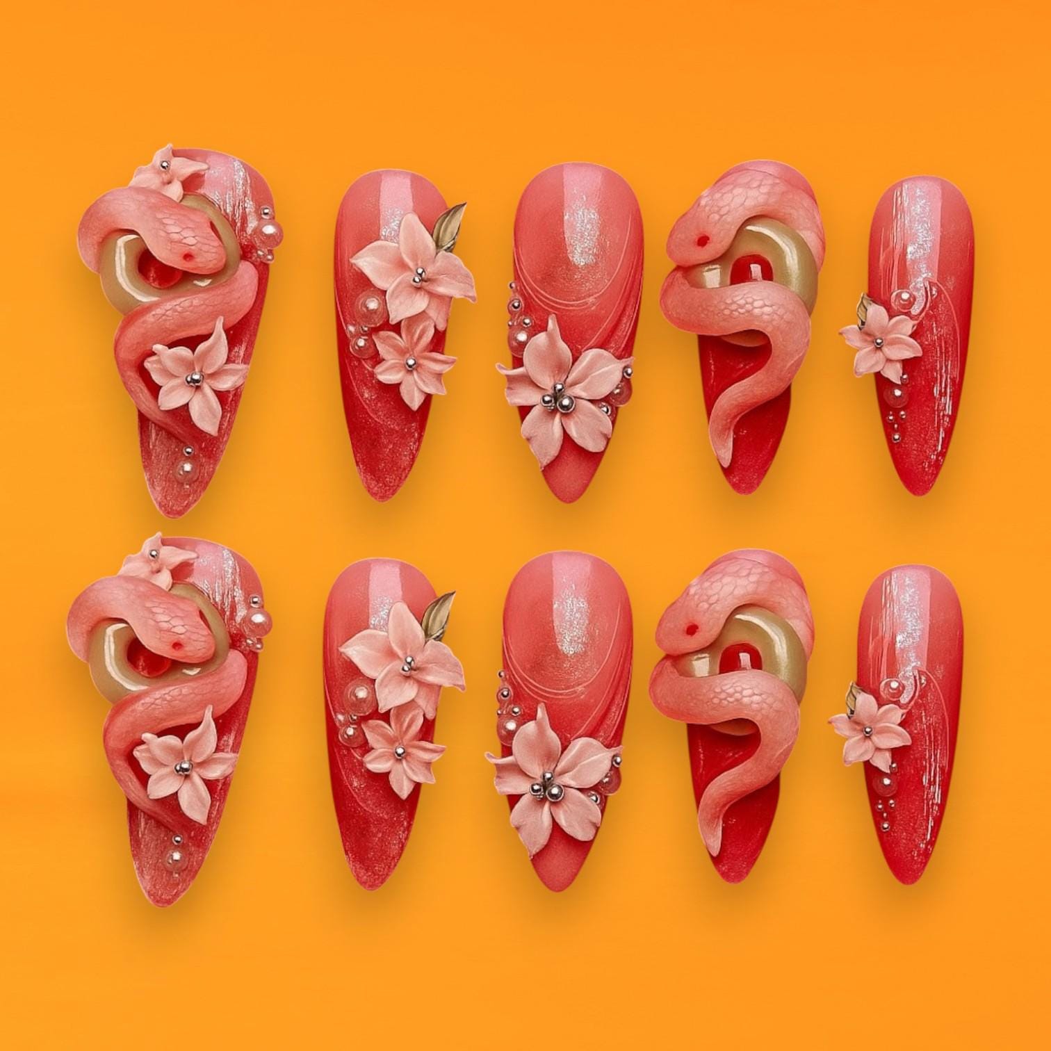 Blumen Schlange 3D Nagelkunst, Handgemachte Press-On Nägel, Gel-Spitzen, Coral Pink, Blumendesign, Schlangennägel, Handgefertigte Nail Art Blumen Schlange 3D Nagelkunst, Handgemachte Press-On Nägel, Gel-Spitzen, Coral Pink, Blumendesign, Schlangennägel, Handgefertigte Nail Art von Etsy - JochenSylas