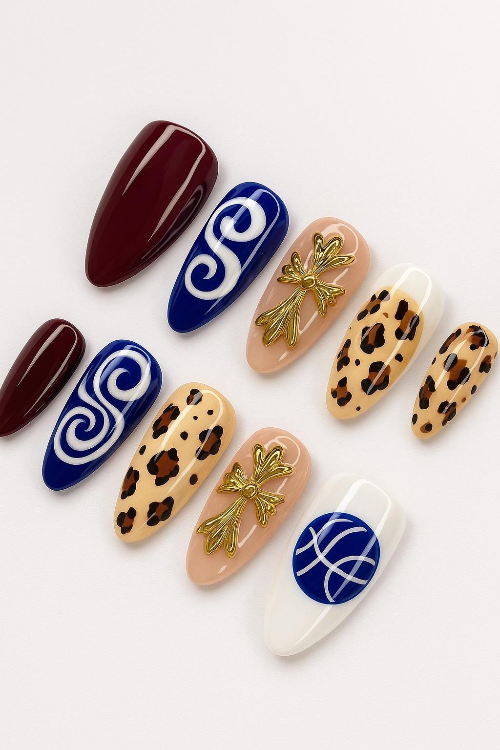 Bold Mixed Print Press On Nails, Leopard, Burgund, Blau Swirl, Gold Bow 3D Art, Glänzende Lange Spitzen, Handgefertigte Gelnägel von Etsy - JochenSylas
