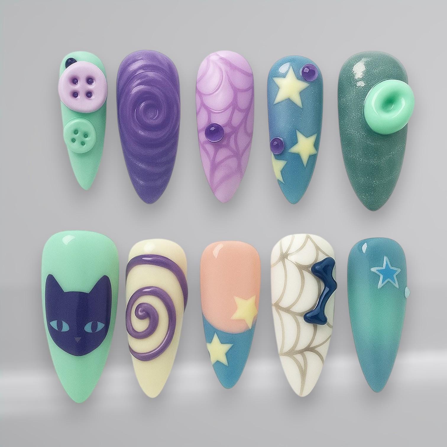 Bunte Katzen - Stern Themen Press-On Nägel, Funky 3D Nailart, Spiral- & Netzdesign, Handgemachte Gelspitzen, Süße Katzennagelkunst Bunte Katzen - Stern Themen Press-On Nägel, Funky 3D Nailart, Spiral- & Netzdesign, Handgemachte Gelspitzen, Süße Katzennagelkunst von Etsy - JochenSylas
