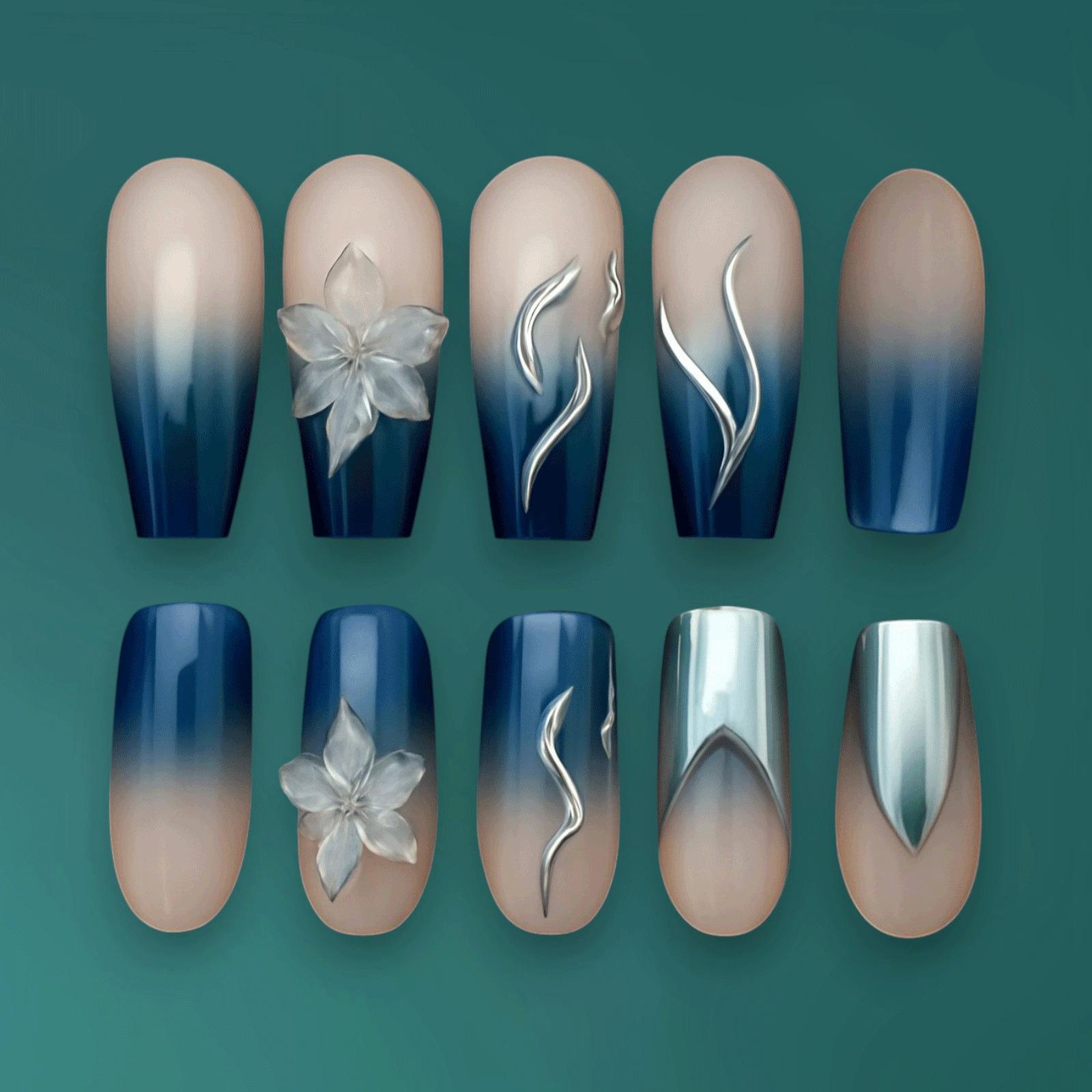 Elegante Ombre Blaue Blumen Nail Art, Silberne Akzente, 3D Blumenmuster, Press On Nails, Anpassbare Gel Spitzen, Einzigartiges Nagelset Elegante Ombre Blaue Blumen Nail Art, Silberne Akzente, 3D Blumenmuster, Press On Nails, Anpassbare Gel Spitzen, Einzigartiges Nagelset von Etsy - JochenSylas