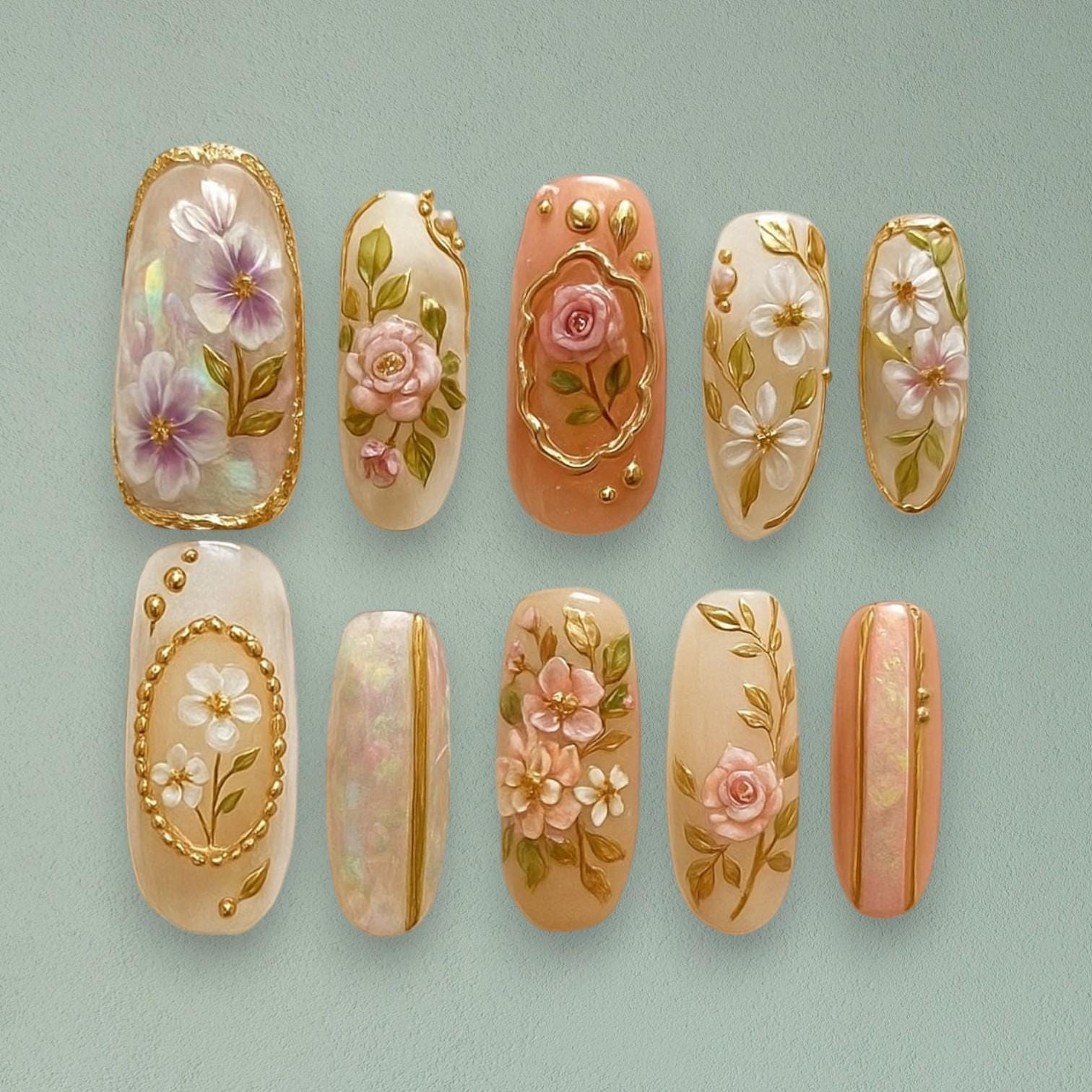 Floral 3D Press On Nägel, Handgemalte Nagelkunst, Rosa Rosen, Goldakzente, Benutzerdefinierte Nails, Blumennagel-Set, Elegantes Nageldesign Floral 3D Press On Nägel, Handgemalte Nagelkunst, Rosa Rosen, Goldakzente, Benutzerdefinierte Nails, Blumennagel-Set, Elegantes Nageldesign von Etsy - JochenSylas