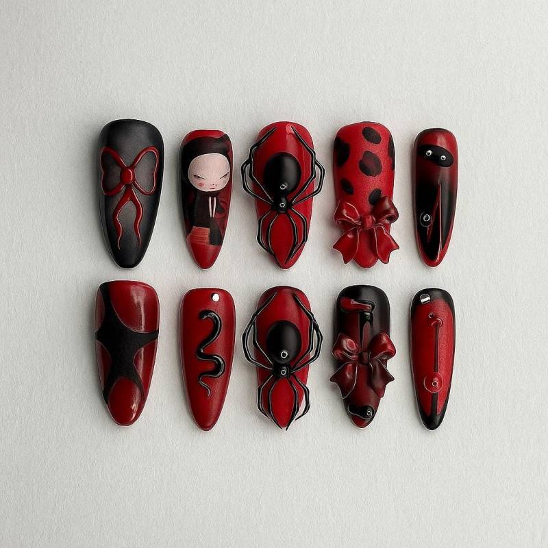 Gothic Rot Schwarz Drücken Sie Auf Die Nägel, 3D Spinne Bogen Schlange Nail Art, Gruselig Süße Sarg Handgemachte Gelspitzen, Halloween Fake Nails von Etsy - JochenSylas