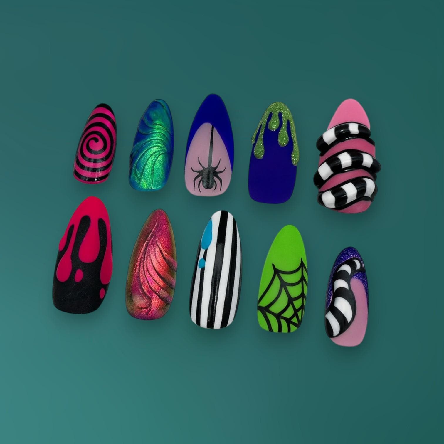 Halloween Press On Nails, Langes Stiletto-Nagelset Mit Spinnennetz, Bluttropfen, Streifen Und Neon-3D-Kunst, Handgefertigte Wiederverwendbare von Etsy - JochenSylas