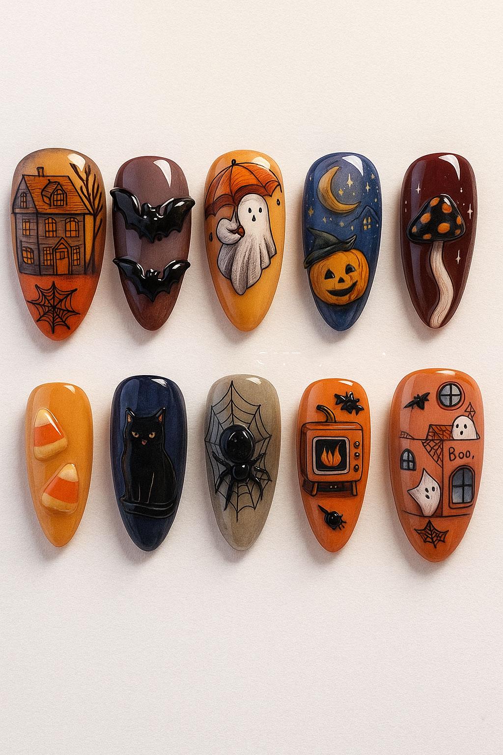 Halloween Press On Nails Set, Süße Geister-Fledermaus-Spinnen-Katzen-Designs, Kürbis-Haus-Kunst, Herbst-Orange-Schwarz-Nagelspitzen, Handgemachte von Etsy - JochenSylas