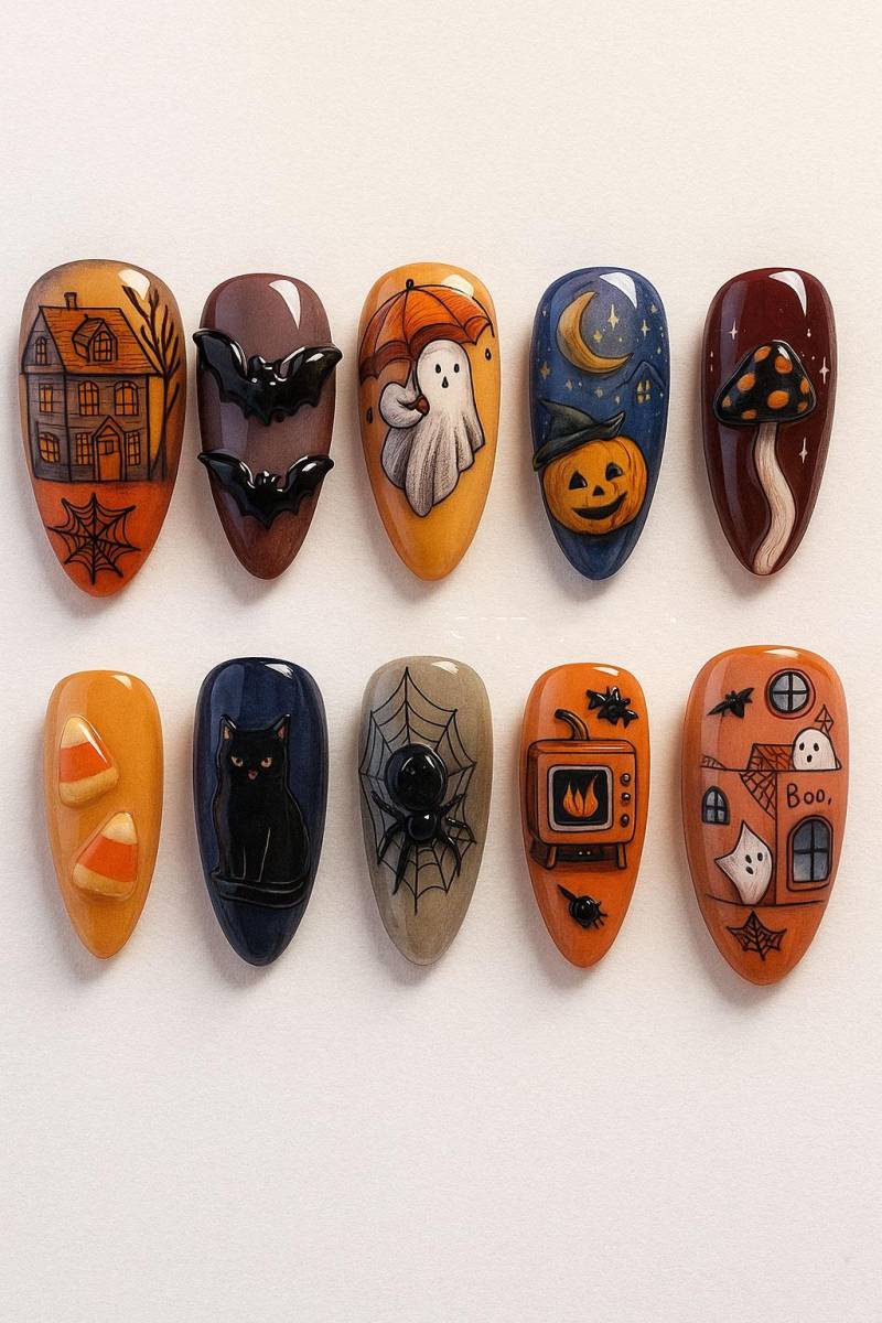 Halloween Press On Nails Set, Süße Geister-Fledermaus-Spinnen-Katzen-Designs, Kürbis-Haus-Kunst, Herbst-Orange-Schwarz-Nagelspitzen, Handgemachte von Etsy - JochenSylas