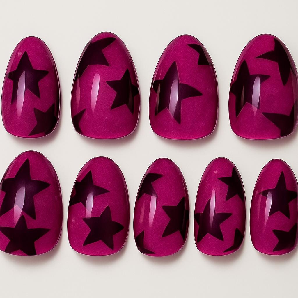 Kühner Magenta Stern Drücken Sie Auf Die Nägel, Glänzende Pinke Nagelspitzen Mit Schwarzem Sternmuster, Handgefertigte Statement Gelnägel Set von Etsy - JochenSylas