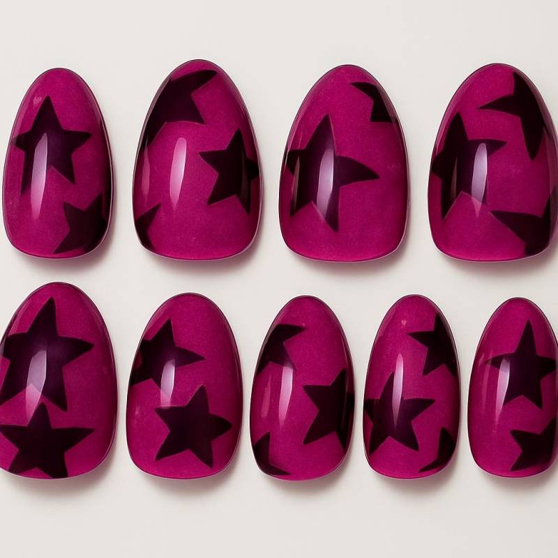 Kühner Magenta Stern Drücken Sie Auf Die Nägel, Glänzende Pinke Nagelspitzen Mit Schwarzem Sternmuster, Handgefertigte Statement Gelnägel Set von Etsy - JochenSylas