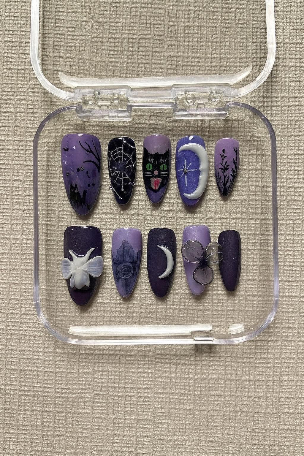 Lila Halloween Press On Nails, Langes Stiletto Nagelset Mit Schwarzer Katze, Spinnennetz, Mond Und Fledermaus Designs, Handgefertigte Gruselige von Etsy - JochenSylas