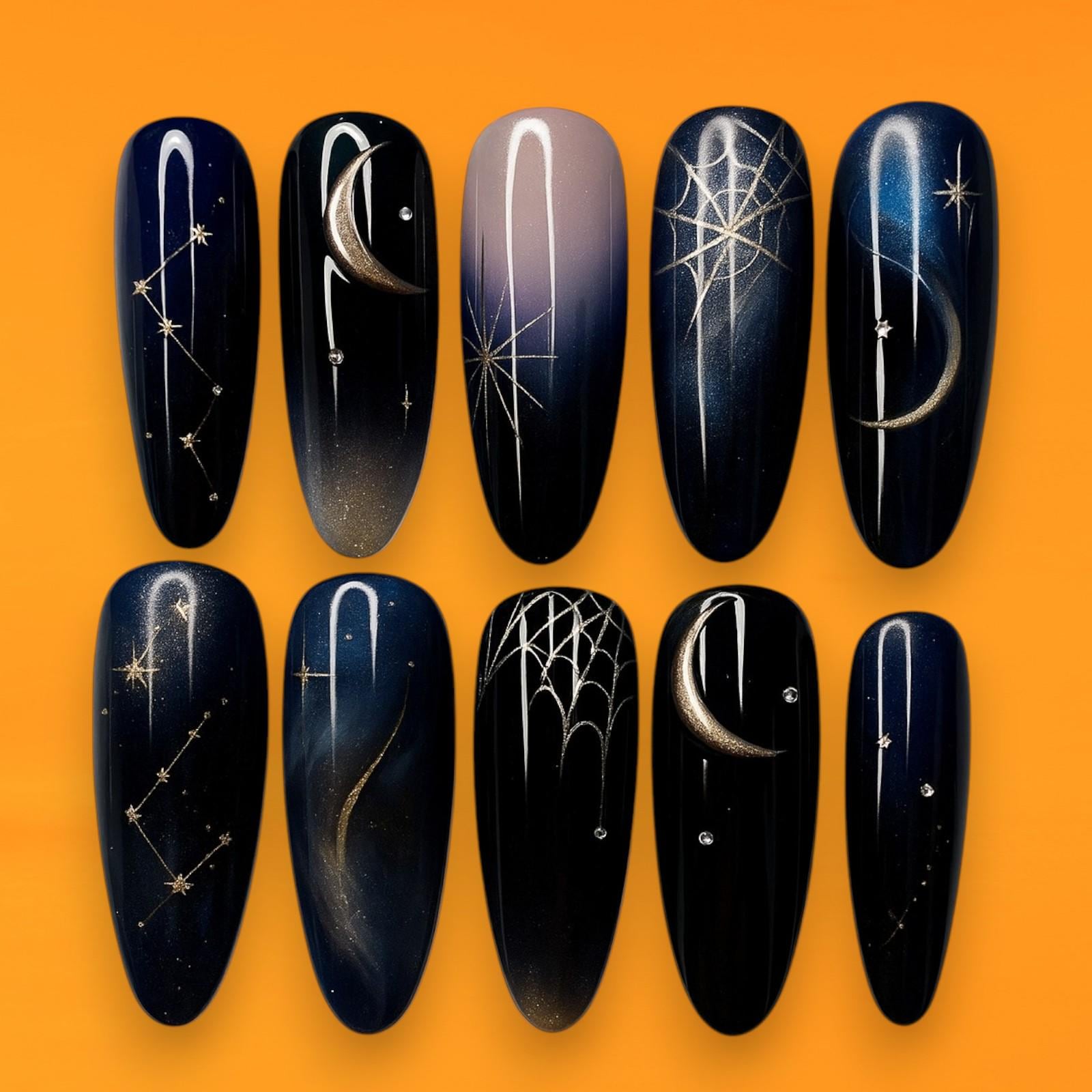 Mond & Stern Nail Art, Cosmic Black Press On Nails, Galaxy Design, Sterne, Halbmond, Web Nachthimmel, Art Set Mond & Stern Nail Art, Cosmic Black Press On Nails, Galaxy Design, Sterne, Halbmond, Web Nachthimmel, Art Set von Etsy - JochenSylas